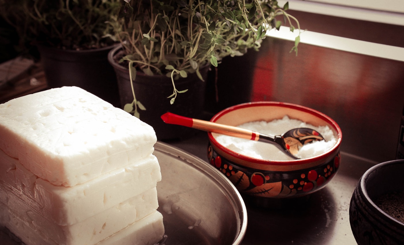 Cow, goat and sheep milk cheeses arranged as a tasting comparison.